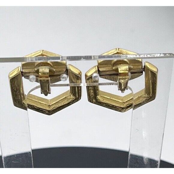 Crown Trifari Vintage Gold Tone Black Enamel Clip On Door Knocker Earrings - Picture 4 of 10